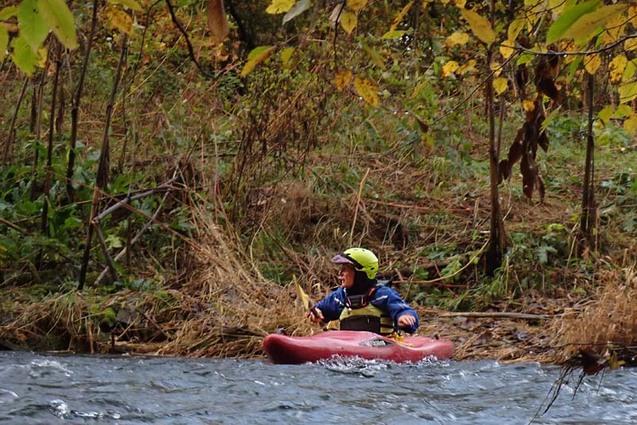 Junger Kajakfahrer in einem roten Boot paddelt auf einem flie&szlig;enden Gew&auml;sser, umgeben von herbstlichem Uferbewuchs.