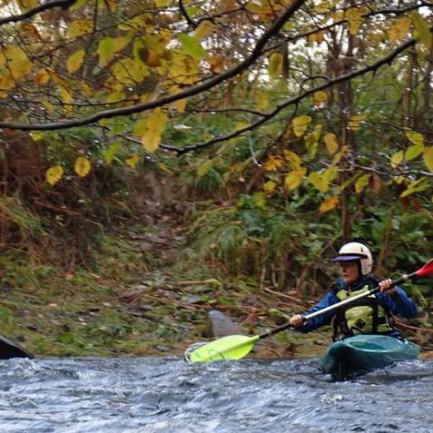 Paddler in einem gr&uuml;nen Kajak auf einem flie&szlig;enden Gew&auml;sser, umgeben von herbstlichen Bl&auml;ttern und ruhiger Natur.