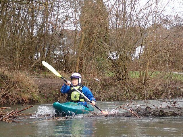 Kajakfahrer paddelt auf einem Fluss und navigiert durch &Auml;ste in der N&auml;he des Ufers.