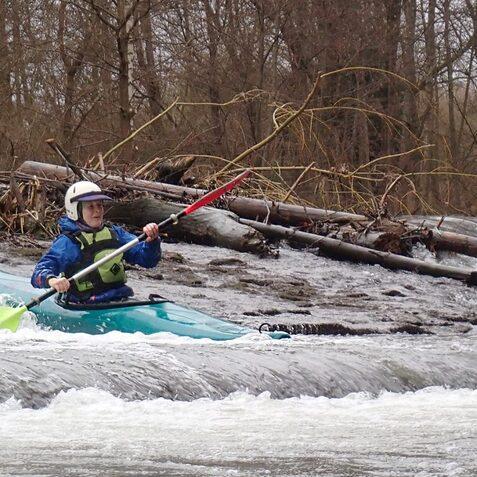 Paddler in blauer Kajakfahrt &uuml;ber eine kleine Stromschnelle mit Holzst&auml;mmen im Hintergrund.