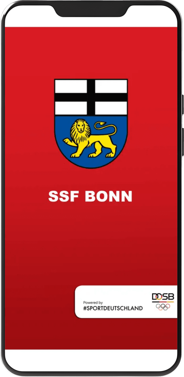 Logo des SSF Bonn mit blauer Wappenfl&auml;che, darauf ein gelber L&ouml;we und schwarze Elemente auf rotem Hintergrund.