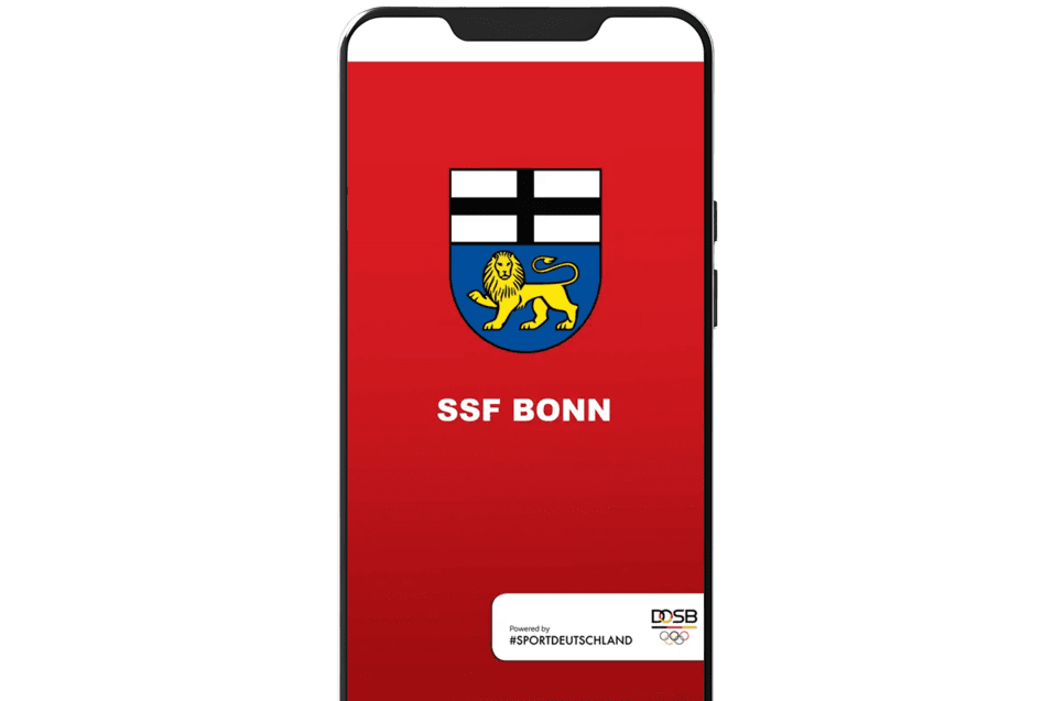 Smartphone-Display mit rotem Hintergrund, dem Logo des SSF Bonn und dem Wappen mit L&ouml;we und Schilden.