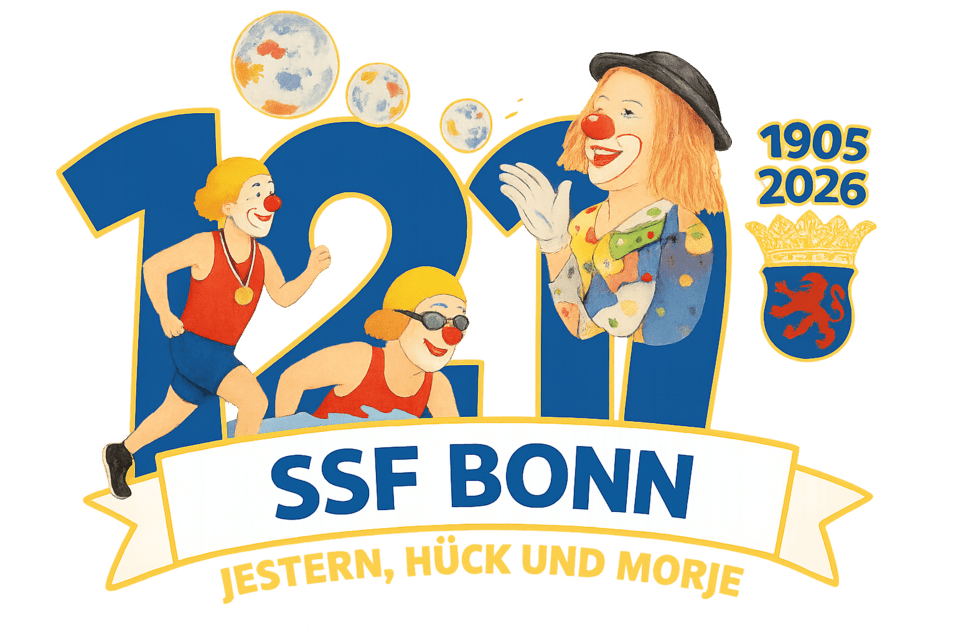 Grafik zum 120-j&auml;hrigen Jubil&auml;um des SSF Bonn mit Clowns, Sportlern und der Jahreszahl 1905-2026.
