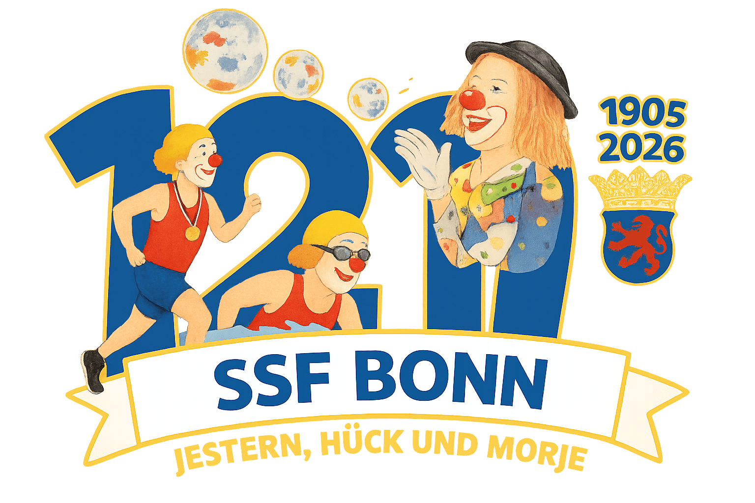 Grafik zum 120-j&auml;hrigen Jubil&auml;um des SSF Bonn mit Clowns, Sportlern und der Jahreszahl 1905-2026.