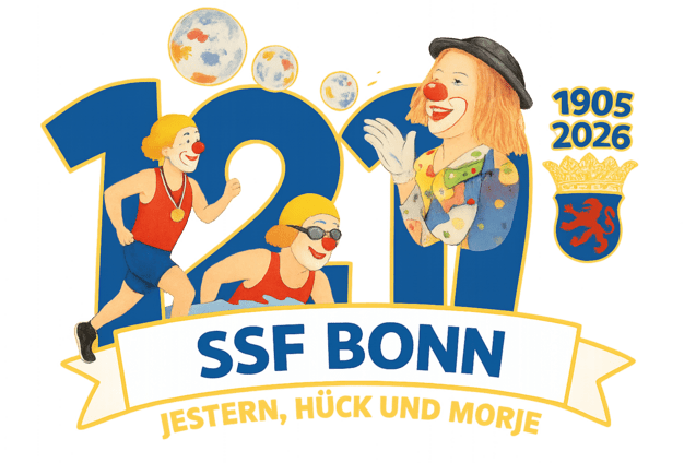 Grafik zum 120-j&auml;hrigen Jubil&auml;um des SSF Bonn mit Clowns, Sportlern und der Jahreszahl 1905-2026.