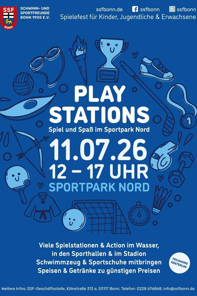 Plakat für das Spielefest im Sportpark Nord am 11.07.26 mit bunten Illustrationen von Sportgeräten und Informationen.