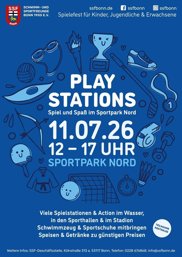 Plakat für das Spielefest im Sportpark Nord am 11.07.26 mit bunten Illustrationen von Sportgeräten und Informationen.
