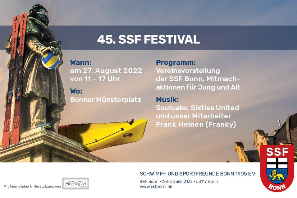 Plakat f&uuml;r das 45. SSF Festival mit Informationen zu Datum, Ort, Programm und Musikgestaltung auf dem Bonner M&uuml;nsterplatz.