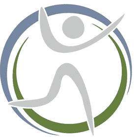 Symbol einer stilisierten Person in Bewegung, umgeben von kreisf&ouml;rmigen Farben in Blau und Gr&uuml;n.