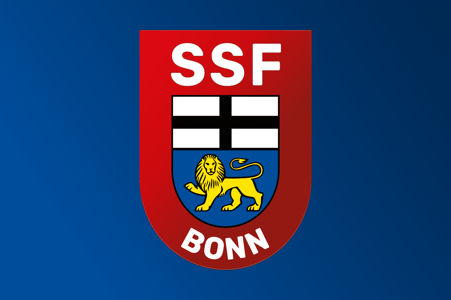 Logo des SSF Bonn mit rotem Schild, wei&szlig;en Balken und einem gelben L&ouml;wen auf blauem Hintergrund.