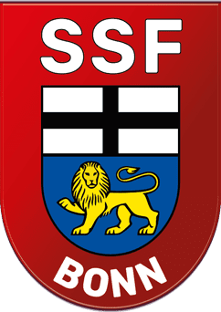 Wappen des SSF Bonn mit rotem Hintergrund, schwarzem Kreuz und gelbem L&ouml;wen auf blauem Grund.