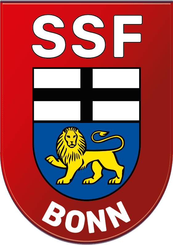 Wappen des SSF Bonn mit rotem Hintergrund, schwarzem Kreuz und goldenem L&ouml;wen auf blauem Grund.