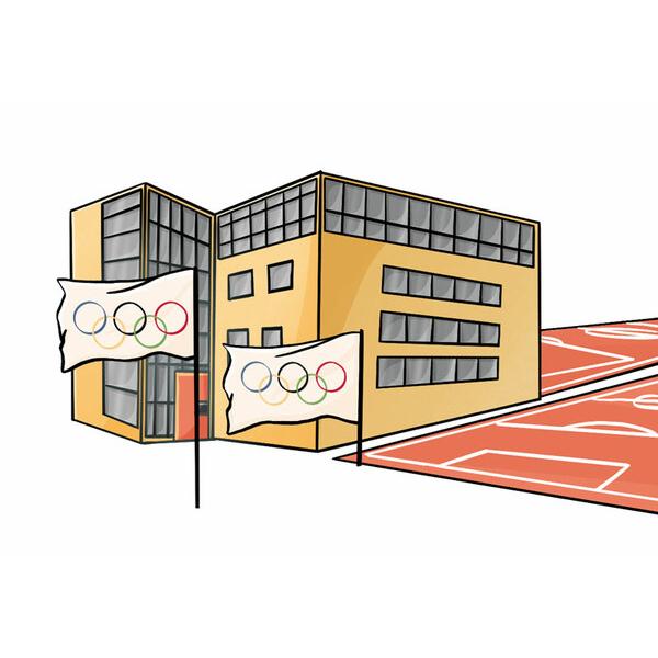 Illustration eines modernen Geb&auml;udes mit Olympiagel&auml;nden, umgeben von Fahnen mit Olympischen Ringen.