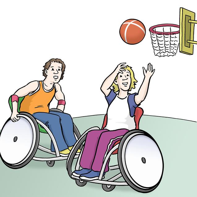 Zwei Personen im Rollstuhl spielen Basketball und versuchen, den Ball in den Korb zu werfen.