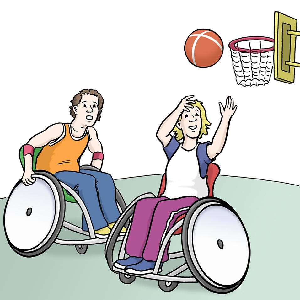 Zwei Personen im Rollstuhl spielen Basketball und versuchen, den Ball in den Korb zu werfen.