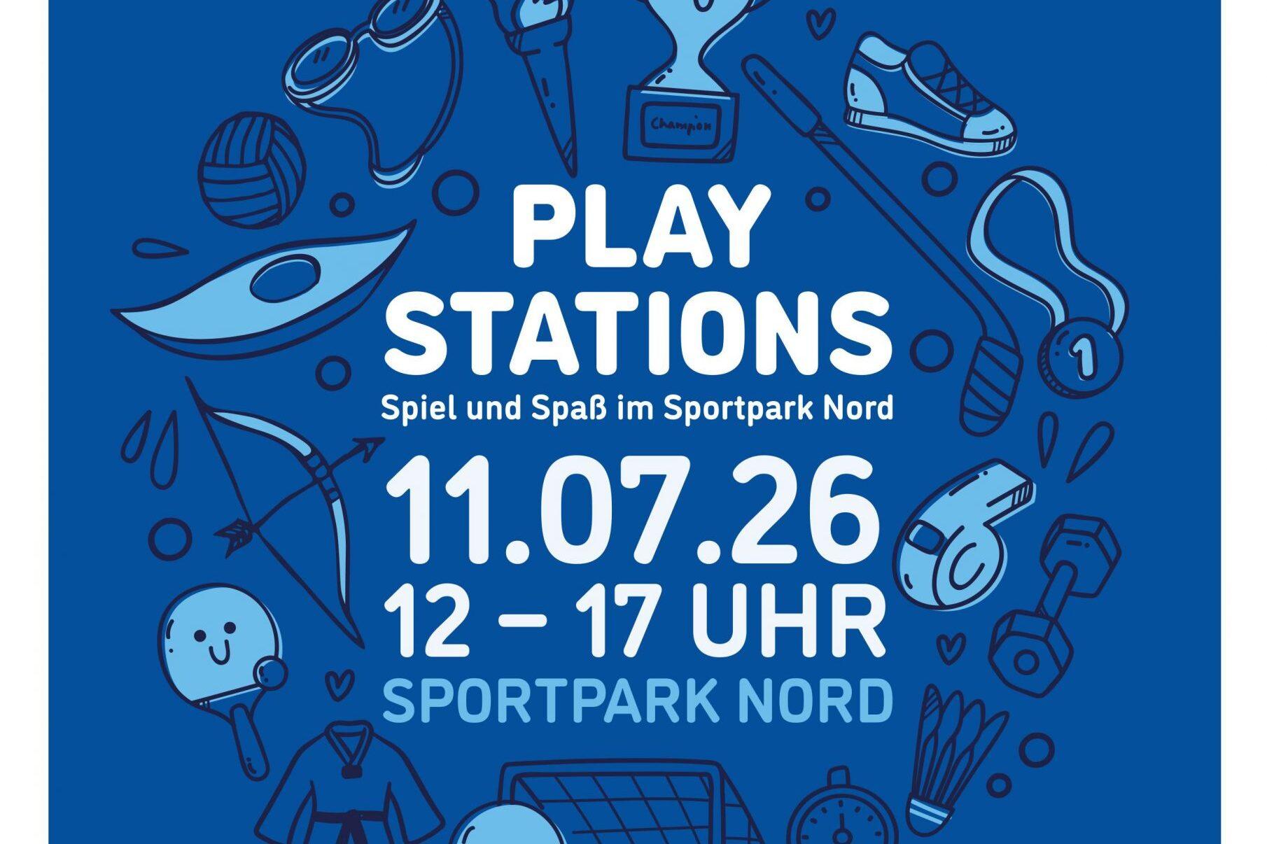 Plakat f&uuml;r ein Spielefest im Sportpark Nord, Datum 11.07.26, Uhrzeit 12-17 Uhr, mit bunten Sportmotiven sowie Infos zu Aktivit&auml;ten.