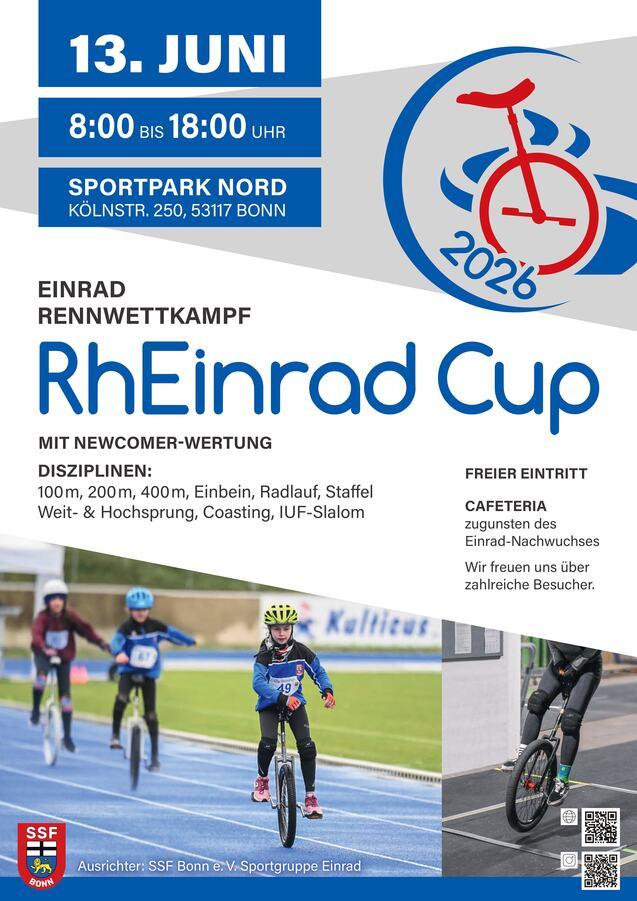 Einladung zum RhEinrad Cup: Einradrennen am 13. Juni im Sportpark Nord, Bonn, mit verschiedenen Disziplinen und freiem Eintritt.