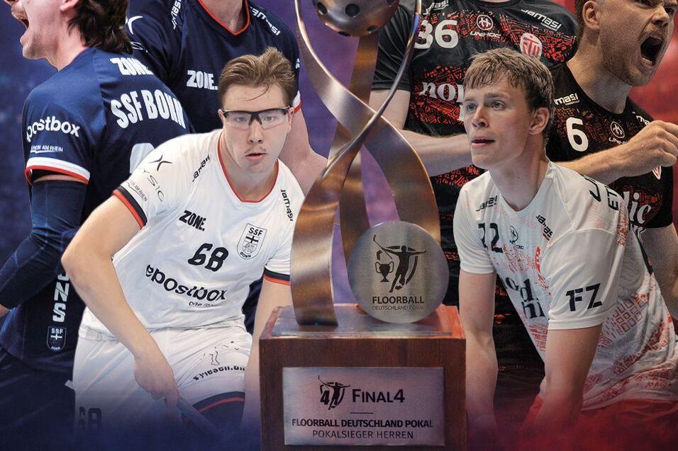 Spieler der Teams Dragons Bonn und ETV Hamburg stehen um die Pokal-Troph&auml;e im Hintergrund der Final4-Ank&uuml;ndigung.