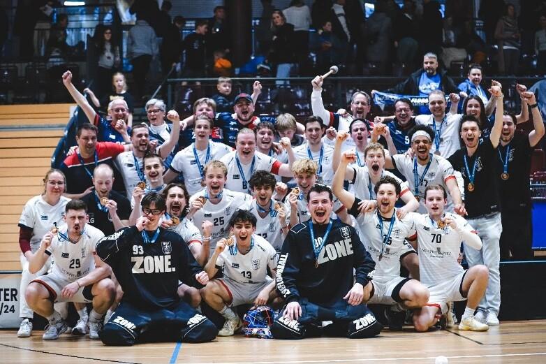 Gruppenszene mit jubelnden Handballspielern in Trikots, die stolz Medaillen tragen und den Sieg feiern.