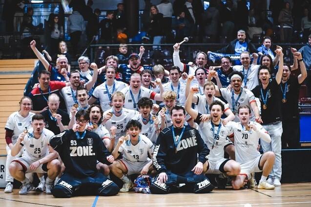 Gruppenszene mit jubelnden Handballspielern in Trikots, die stolz Medaillen tragen und den Sieg feiern.