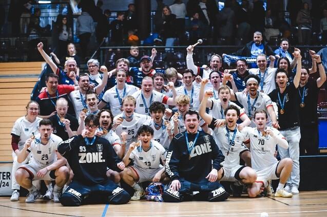 Gruppenszene mit jubelnden Handballspielern in Trikots, die stolz Medaillen tragen und den Sieg feiern.