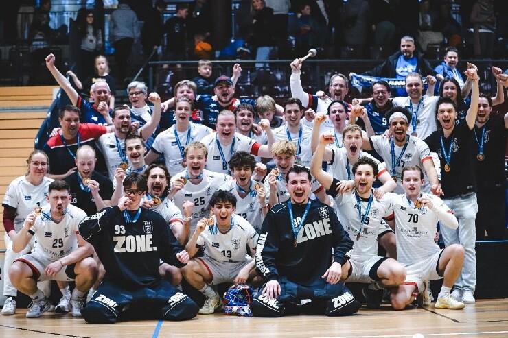 Gruppenszene mit jubelnden Handballspielern in Trikots, die stolz Medaillen tragen und den Sieg feiern.