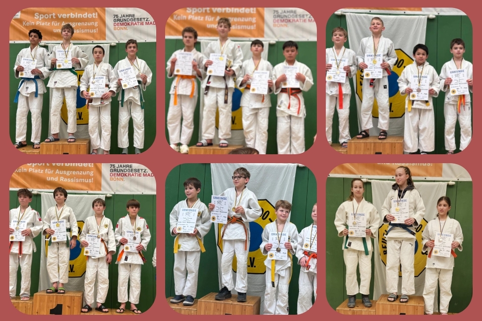 Gruppenbild von Kindern in Judogi mit Medaillen und Urkunden auf Treppchen bei einer Judo-Veranstaltung.