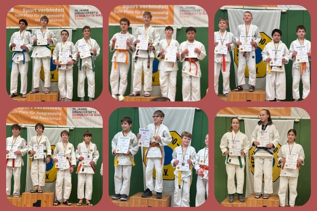 Gruppenbild von Kindern in Judogi mit Medaillen und Urkunden auf Treppchen bei einer Judo-Veranstaltung.