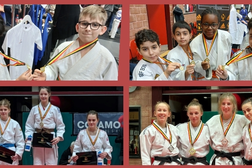 Kinder und Jugendliche mit Medaillen nach einem Wettkampf in einem Kampfsport-Setting. Oben: Jungs mit Medaillen. Unten: M&auml;dchen mit Pokalen.