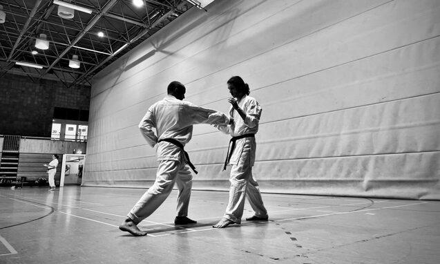 Zwei Kampfsportler in Karateanz&uuml;gen &uuml;ben Techniken in einer Sporthalle mit hellen W&auml;nden und Holzboden.