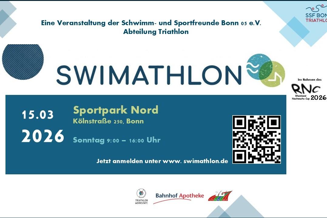 Plakat f&uuml;r den Swimathlon am 15.03.2026 im Sportpark Nord, Bonn. Informationen, QR-Code und Anmeldung unter swimathon.de.