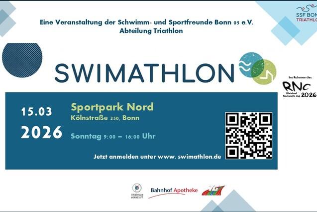 Plakat f&uuml;r den Swimathlon am 15.03.2026 im Sportpark Nord, Bonn. Informationen, QR-Code und Anmeldung unter swimathon.de.