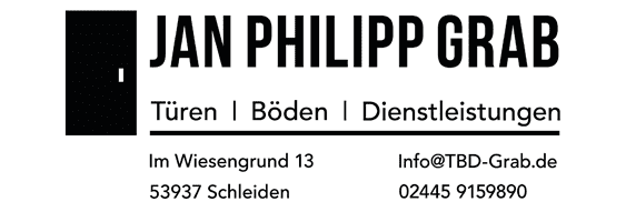 Logo von Jan Philipp Grab mit den Bereichen T&uuml;ren, B&ouml;den und Dienstleistungen, sowie Kontaktinformationen und Adresse.