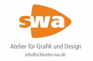 Logo des Ateliers f&uuml;r Grafik und Design mit der Abk&uuml;rzung "swa" in orange und Kontaktinformation darunter.