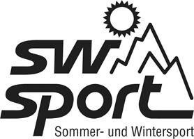Logo von SW Sport mit stilisierten Bergen und Sonne, beschriftet mit &bdquo;Sommer- und Wintersport&ldquo;.