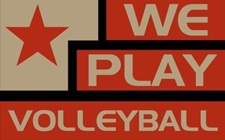 Grafik mit rotem Stern und Text &bdquo;WE PLAY VOLLEYBALL&ldquo; in beige und rot auf strukturiertem Hintergrund.