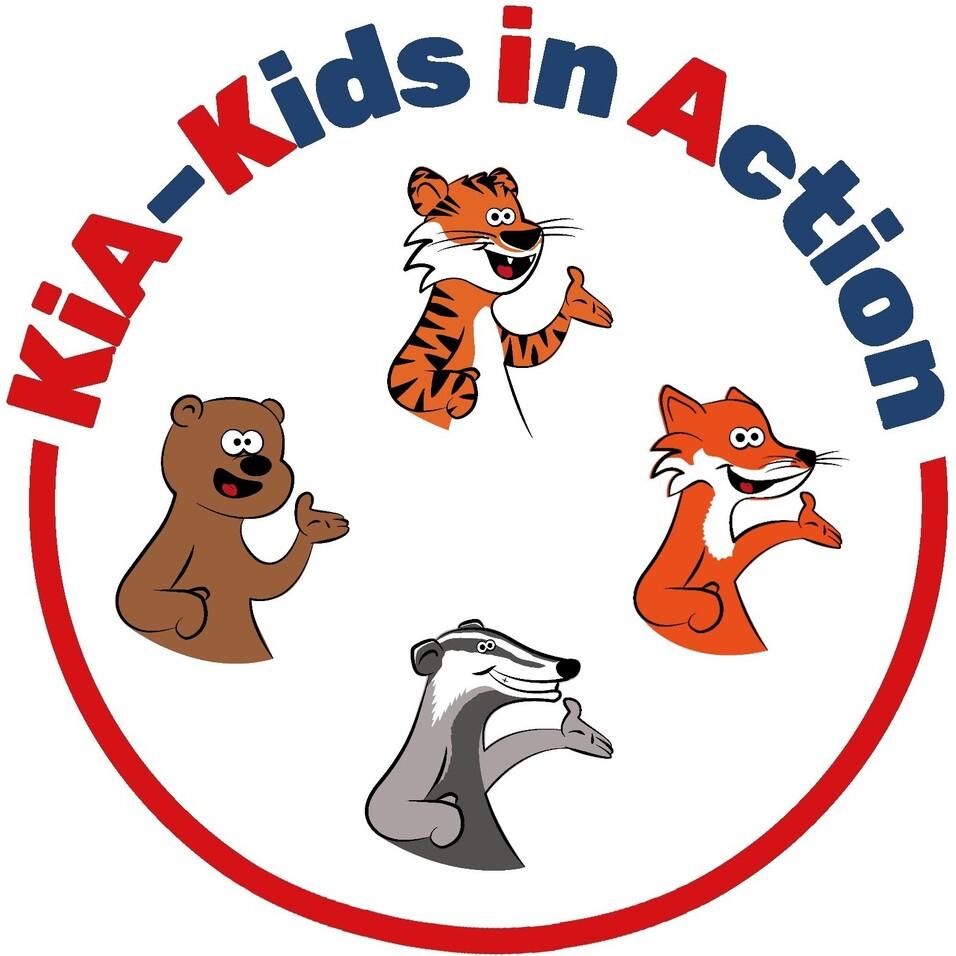 Logo der Initiative &bdquo;KiA - Kids in Action&ldquo; mit vier Tiermaskottchen: B&auml;r, Tiger, Fuchs und Dachs in einem bunten Kreis.