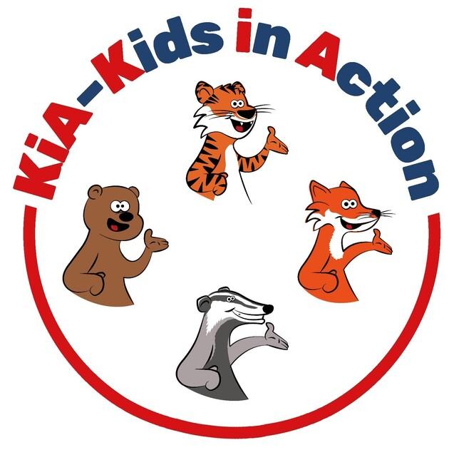 Logo der Initiative &bdquo;KiA - Kids in Action&ldquo; mit vier Tiermaskottchen: B&auml;r, Tiger, Fuchs und Dachs in einem bunten Kreis.