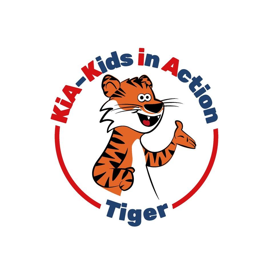 Cartoon-Tiger mit l&auml;chelndem Gesicht zeigt Daumen hoch, umrandet von Text "KiA-Kids in Action" in blauen und roten Buchstaben.