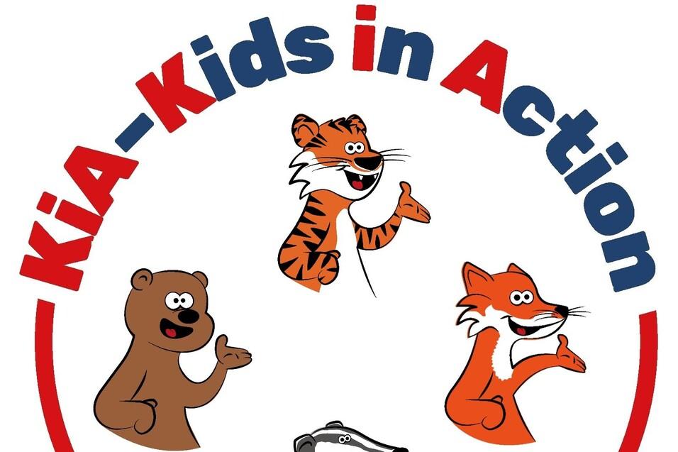 Logo der Initiative „KiA - Kids in Action“ mit vier Tiermaskottchen: Bär, Tiger, Fuchs und Dachs in einem bunten Kreis.