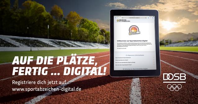 Tablet zeigt Webseite zur digitalen Sportabzeichen-Registrierung auf einer Laufbahn mit Stadion im Hintergrund.