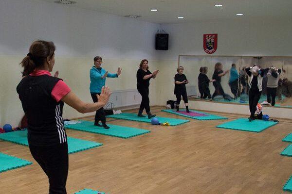 Gruppentraining von sechs Frauen auf Matten in einem Fitnessraum mit Spiegel und Bewegungsger&auml;ten.