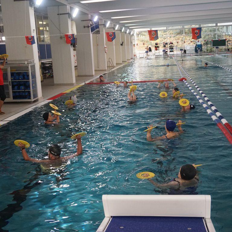 Gruppen von Schwimmern im Wasser halten gelbe Schwimmplatten w&auml;hrend eines Trainings in einem Hallenbad.