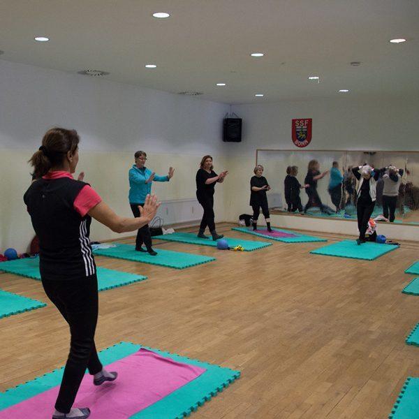 Gruppentraining von sechs Frauen auf Matten in einem Fitnessraum mit Spiegel und Bewegungsger&auml;ten.