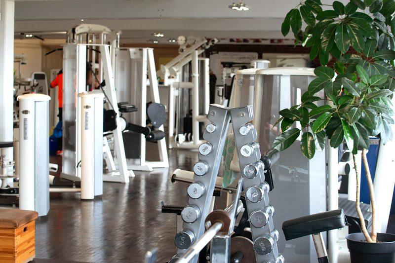 Modernes Fitnessstudio mit Kraftger&auml;ten, Gewichten und Pflanzen im Interior. Aktive Personen sind im Hintergrund sichtbar.