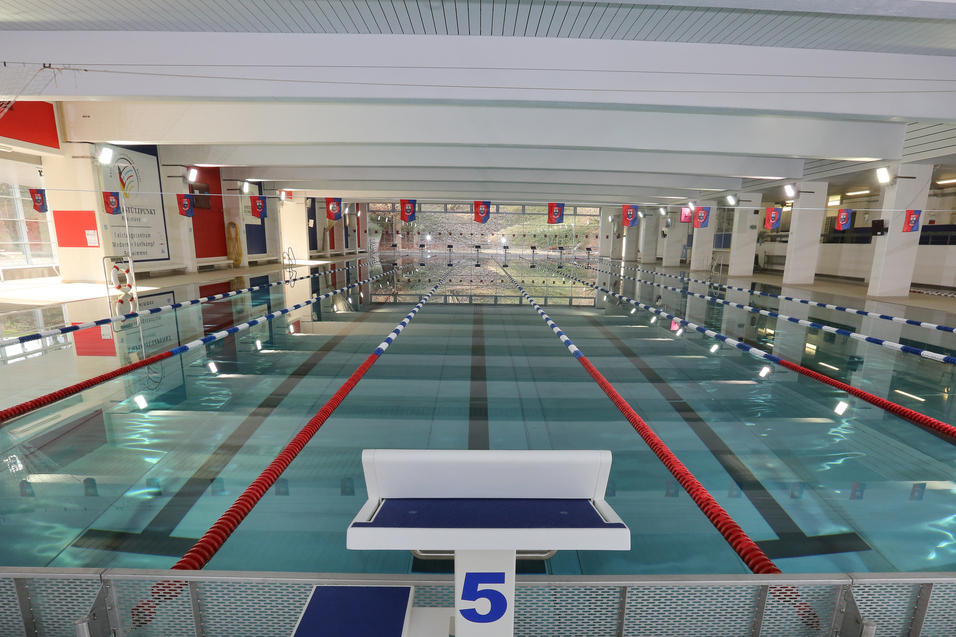 Blick auf ein Schwimmbecken mit mehreren Bahnen und einer Startbl&ouml;cke in einem hellen, modernen Hallenbad.