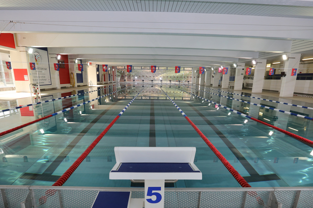 Blick auf ein Schwimmbecken mit mehreren Bahnen und einer Startbl&ouml;cke in einem hellen, modernen Hallenbad.