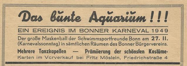 Anzeige f&uuml;r den Bonner Karneval 1949 mit Details zum Maskenball und Kost&uuml;mpr&auml;mierung im B&uuml;rgerverein.