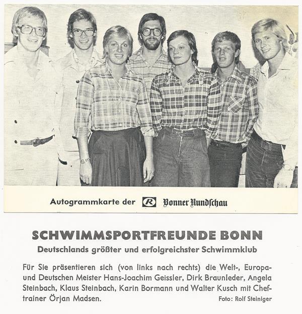 Gruppenfoto der SchwimmSportFreunde Bonn in karierten Hemden, zusammengestellt f&uuml;r eine Autogrammkarte.