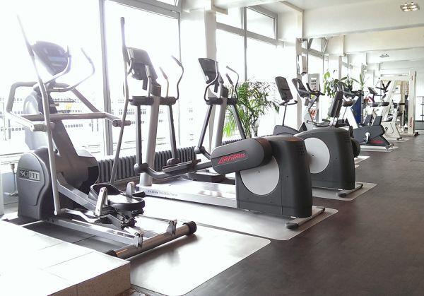 Modernes Fitnessstudio mit mehreren Crosstrainern und Laufb&auml;ndern entlang gro&szlig;er Fenster. Pflanzen im Hintergrund.